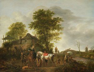 A landscape with a cottage and horsemen